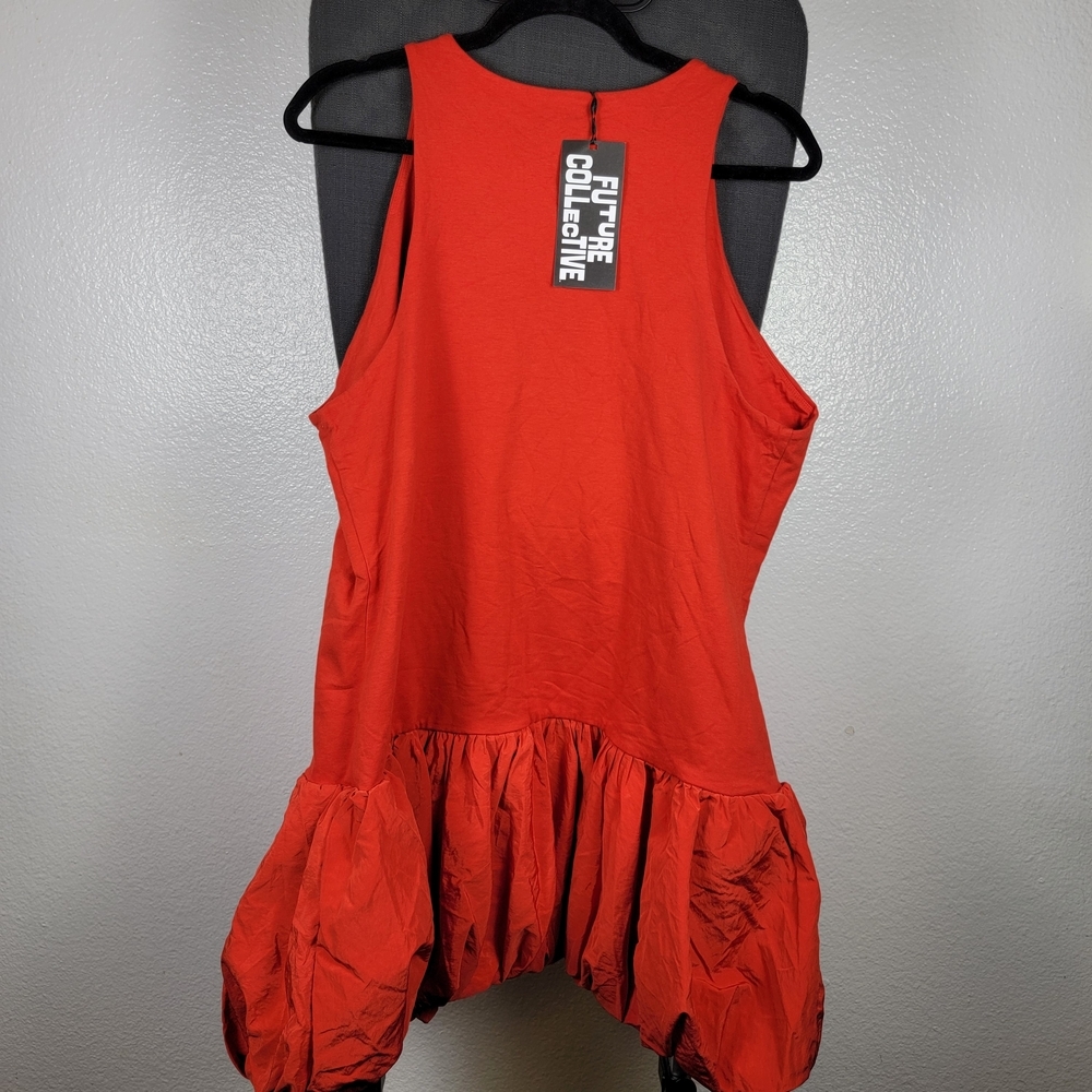 Women's Red Mini Dress with Bubble Hem - Picture 2 of 6